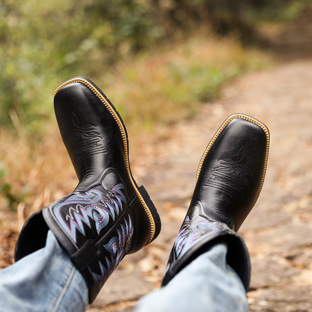 Embroidered Handmade Vintage Wide Toe Western Cowboy Boots - Bellkmart