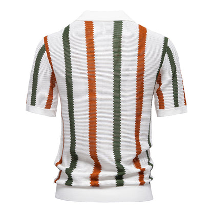 Men's Striped Knitted Polo Shirt with Collar - Bellkmart
