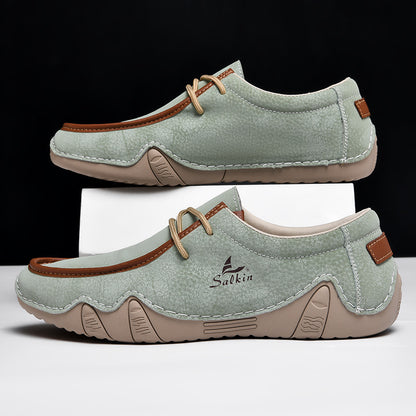 Men's Casual Suede Loafers with Contrast Stitching and Textured Sole - Bellkmart