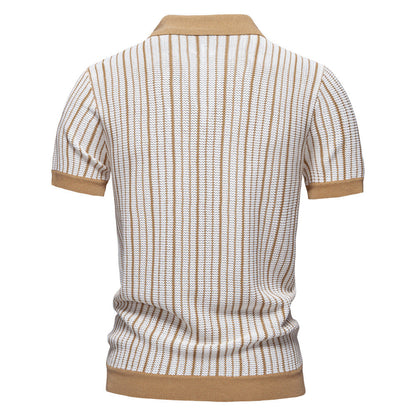 Men's Short-Sleeve Knitted Button-Up Striped Pattern and Contrast Trim Shirt - Bellkmart