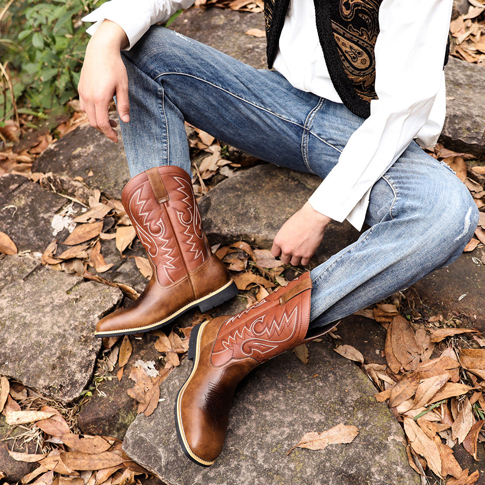 Embroidered Handmade Vintage Wide Toe Western Cowboy Boots - Bellkmart