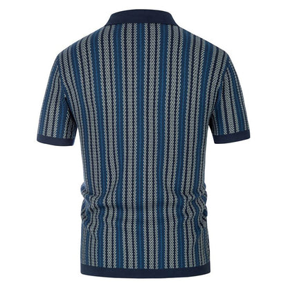 Mens Cuban Stripe Shirts Vintage Short Sleeve Knit Button Polo Shirts - Bellkmart