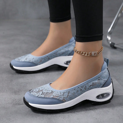 Women's Slip-On Lace Sneakers with Air-Cushioned Sole and Pull-Tab - Bellkmart