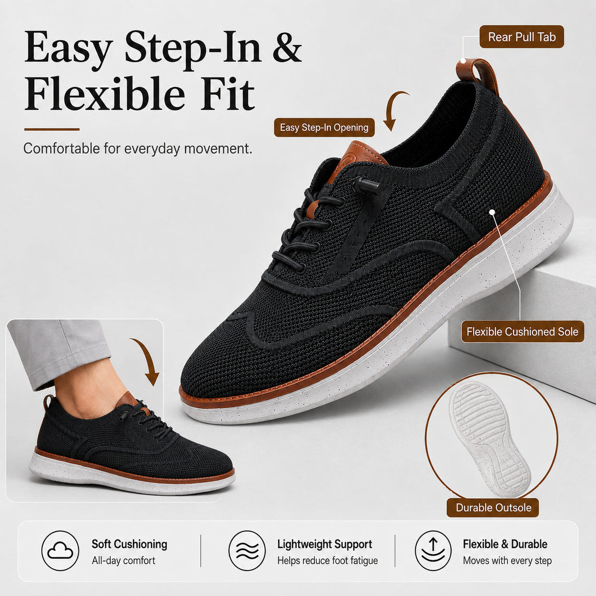 Stride men's breathable knit Oxford-style walking shoes in Black, product view 2
