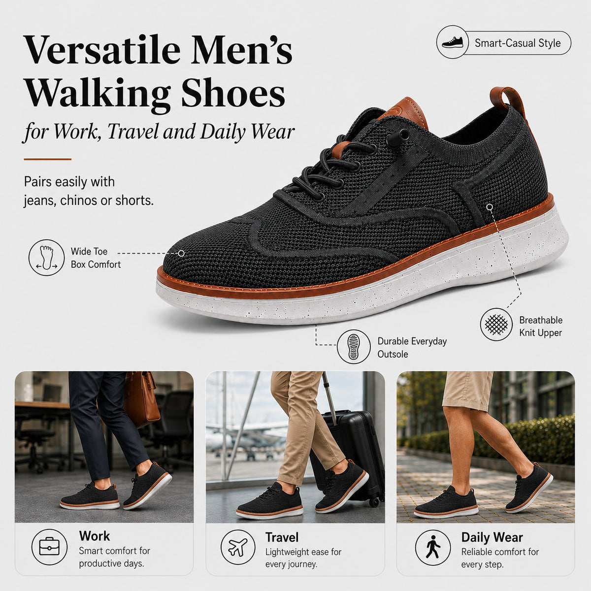 Stride men's breathable knit Oxford-style walking shoes in Black, product view 3