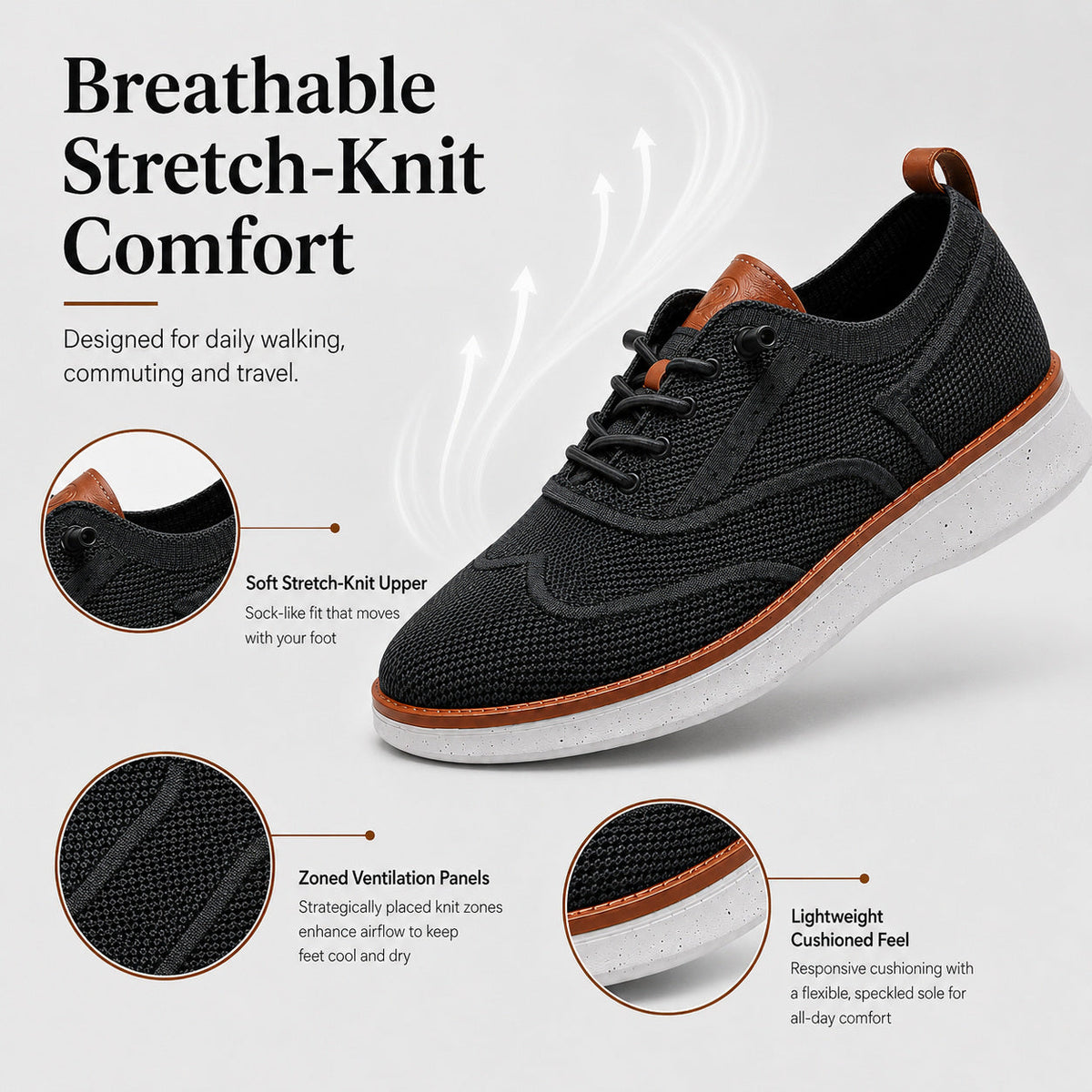 Stride men's breathable knit Oxford-style walking shoes in Black, product view 4