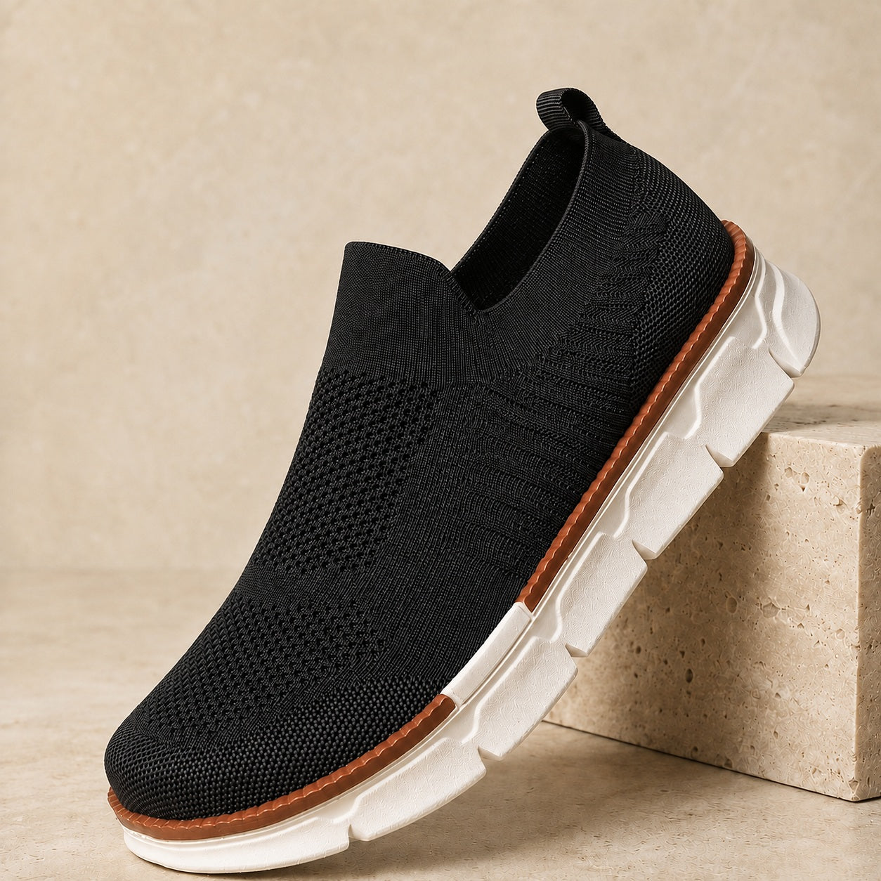 AirFlex black breathable knit slip-on shoe angled view