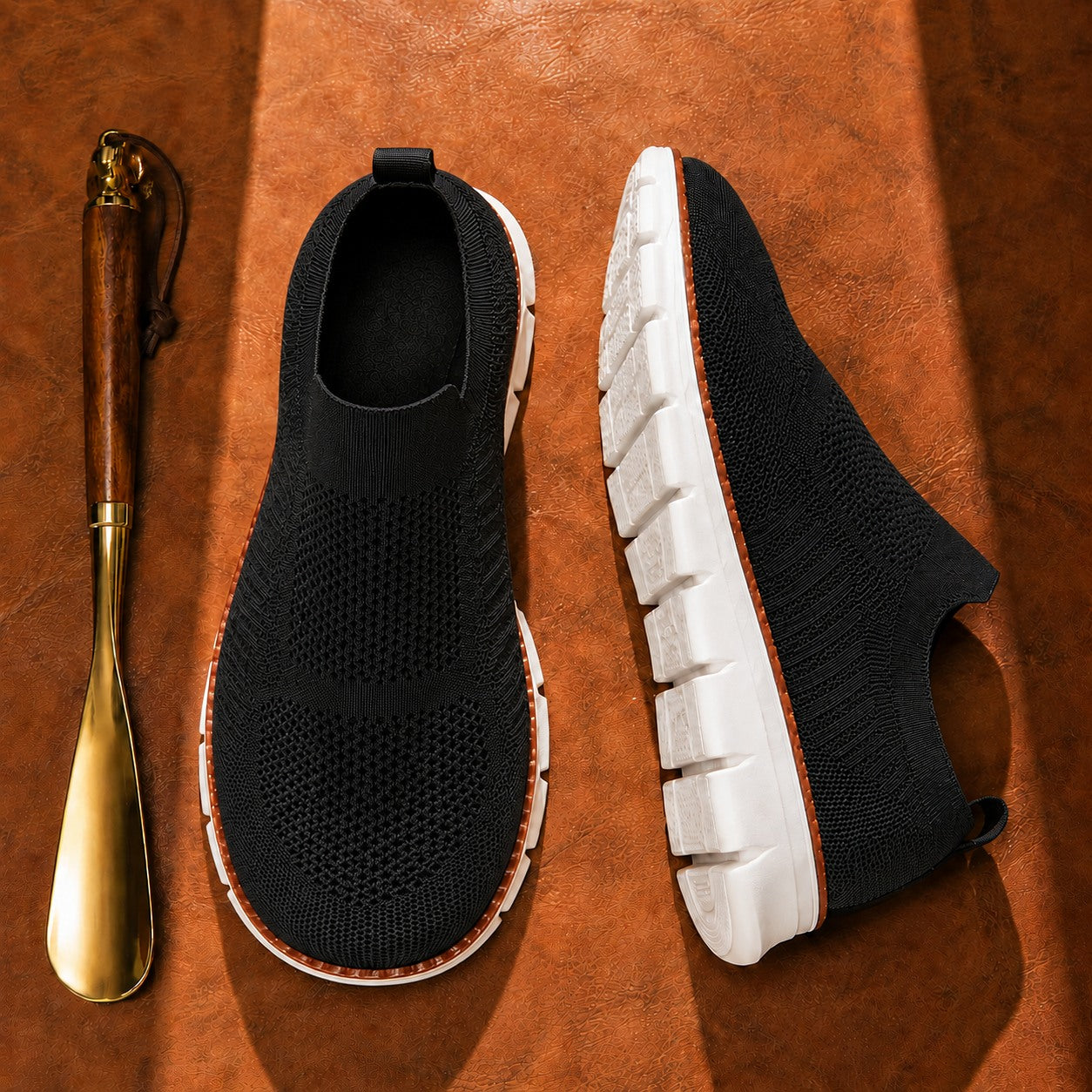 AirFlex black slip-on shoes top and segmented sole views