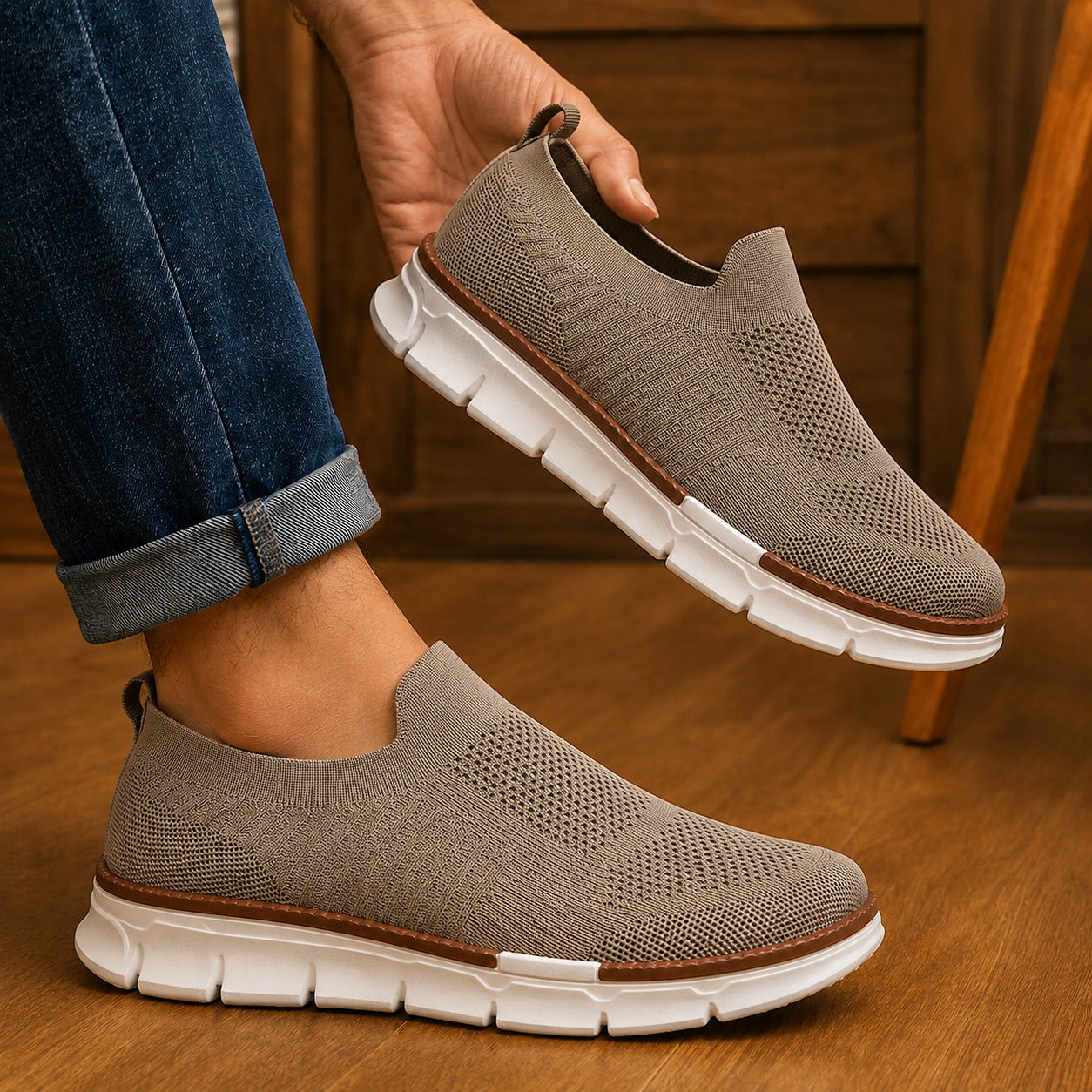 Man wearing AirFlex khaki slip-on walking shoes