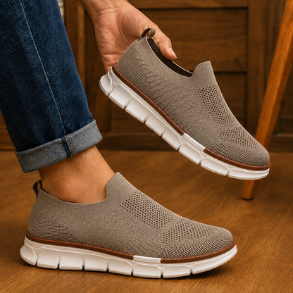 Man wearing AirFlex khaki slip-on walking shoes