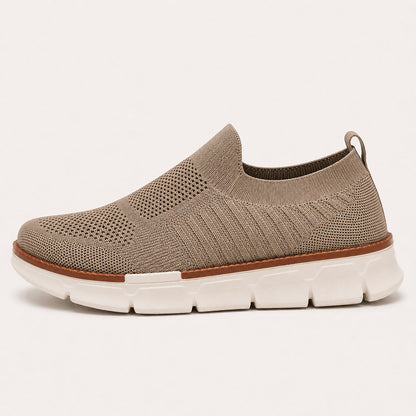 AirFlex khaki men's slip-on walking shoe side view on white background