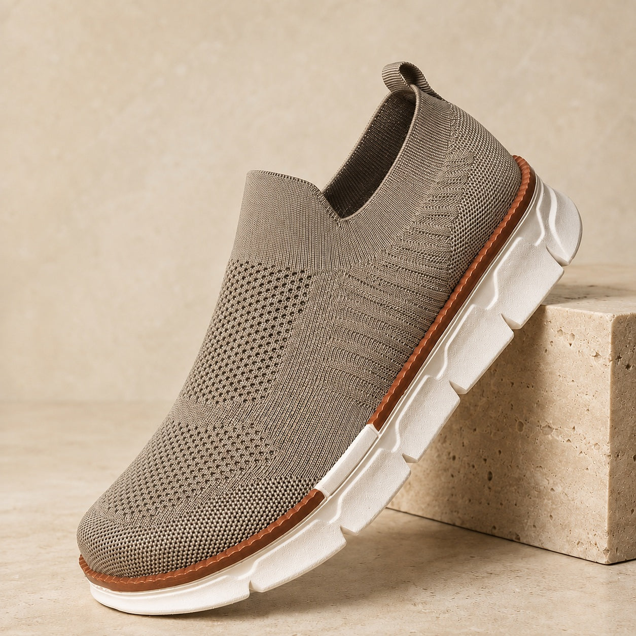 AirFlex khaki breathable knit slip-on shoe angled view