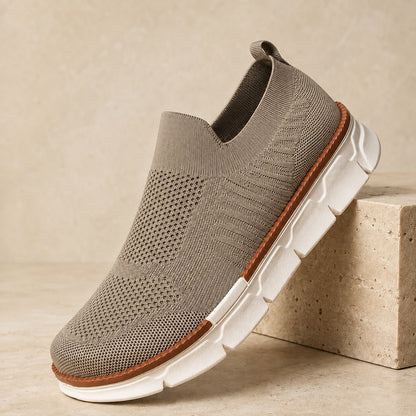 AirFlex khaki breathable knit slip-on shoe angled view
