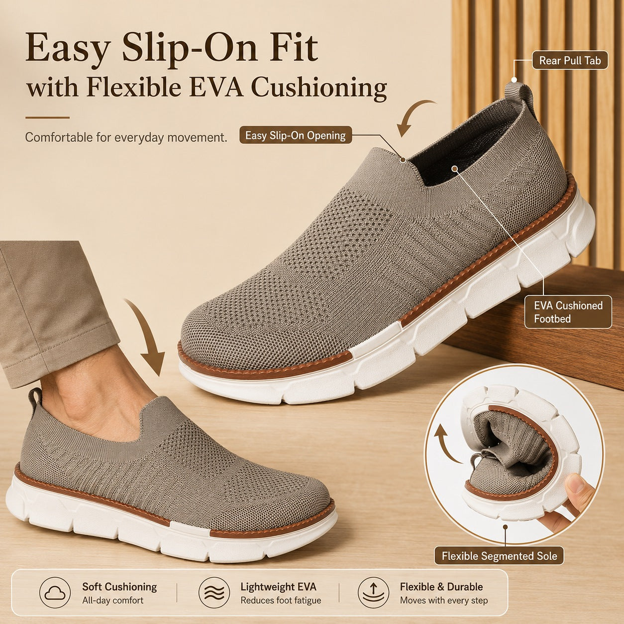 AirFlex easy on and off slip-on fit with flexible cushioned sole