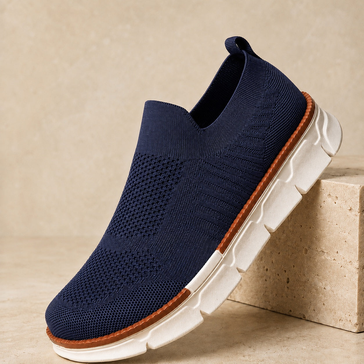 AirFlex navy breathable knit slip-on shoe angled view