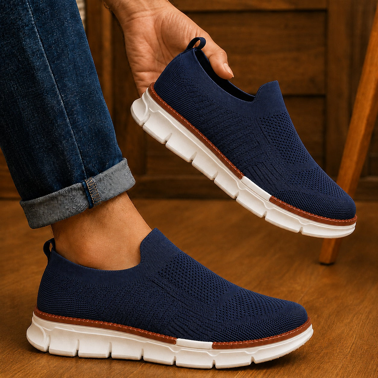 Man wearing AirFlex navy slip-on walking shoes