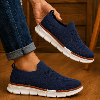 Man wearing AirFlex navy slip-on walking shoes