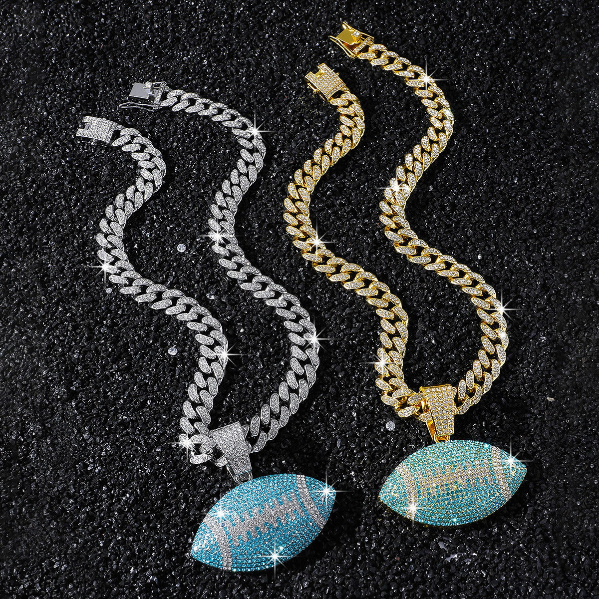 Aqua American Football necklace two-color set: one silver-tone and one gold-tone necklace
