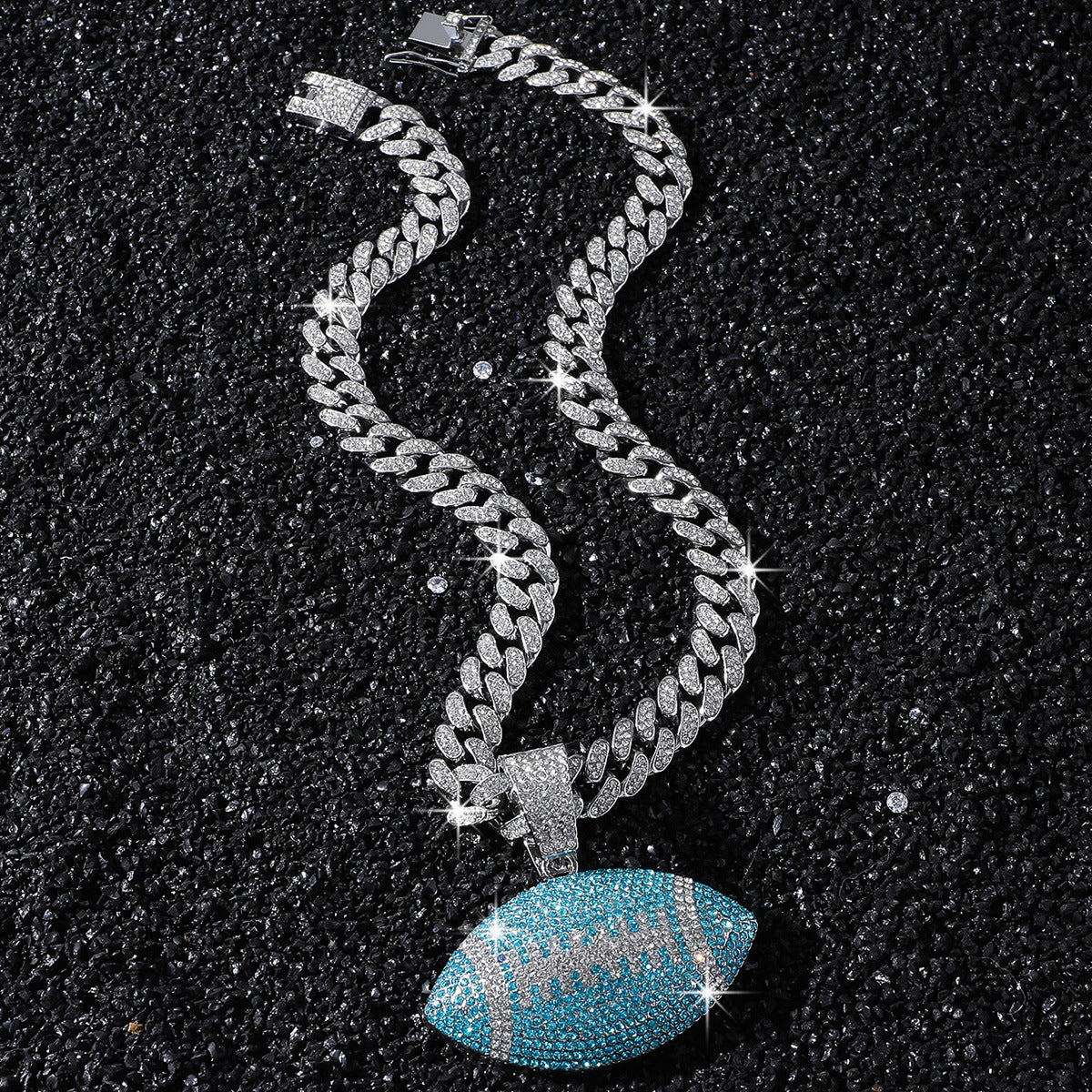 Aqua American Football silver-tone rhinestone necklace