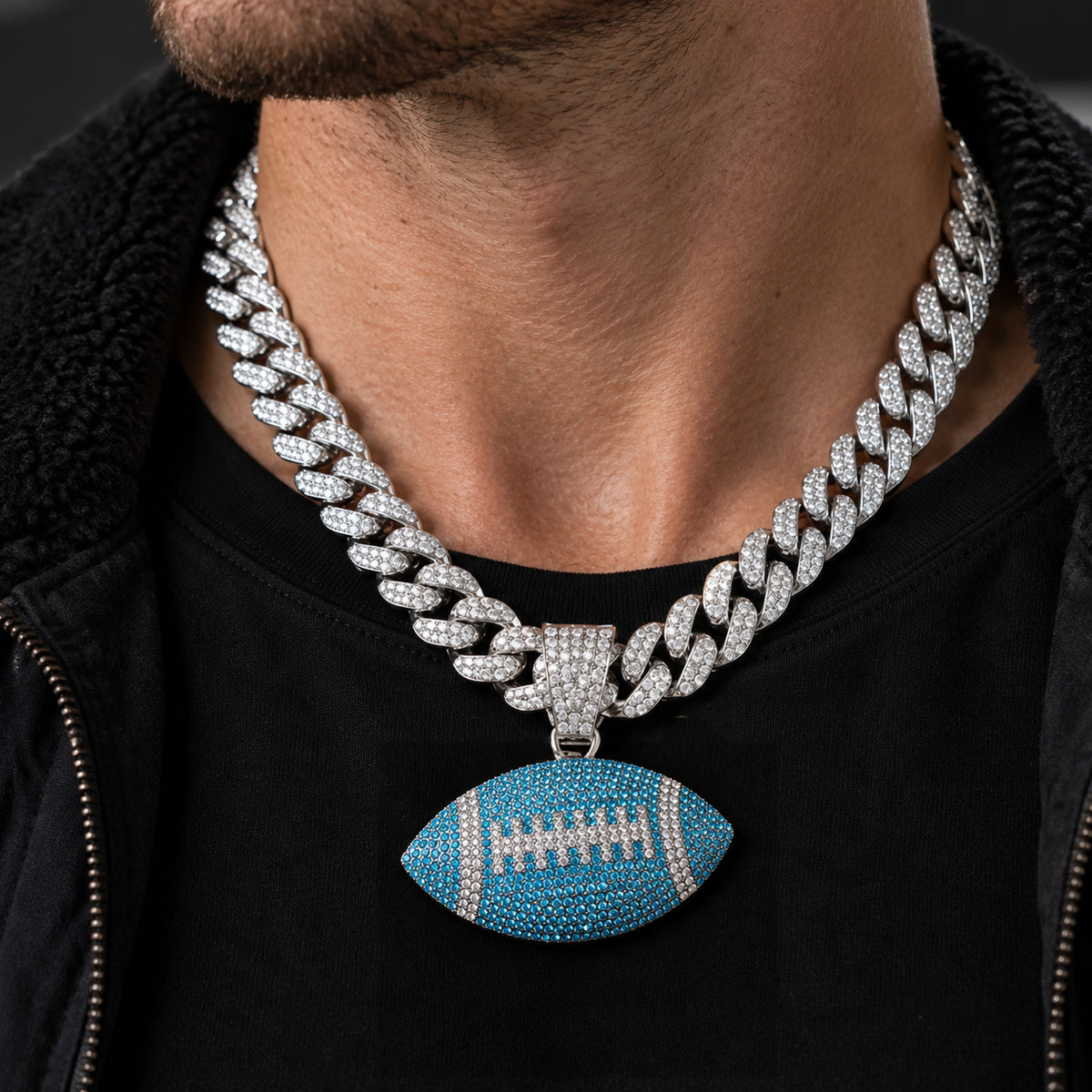 Aqua American Football silver-tone rhinestone Cuban-link necklace, worn view