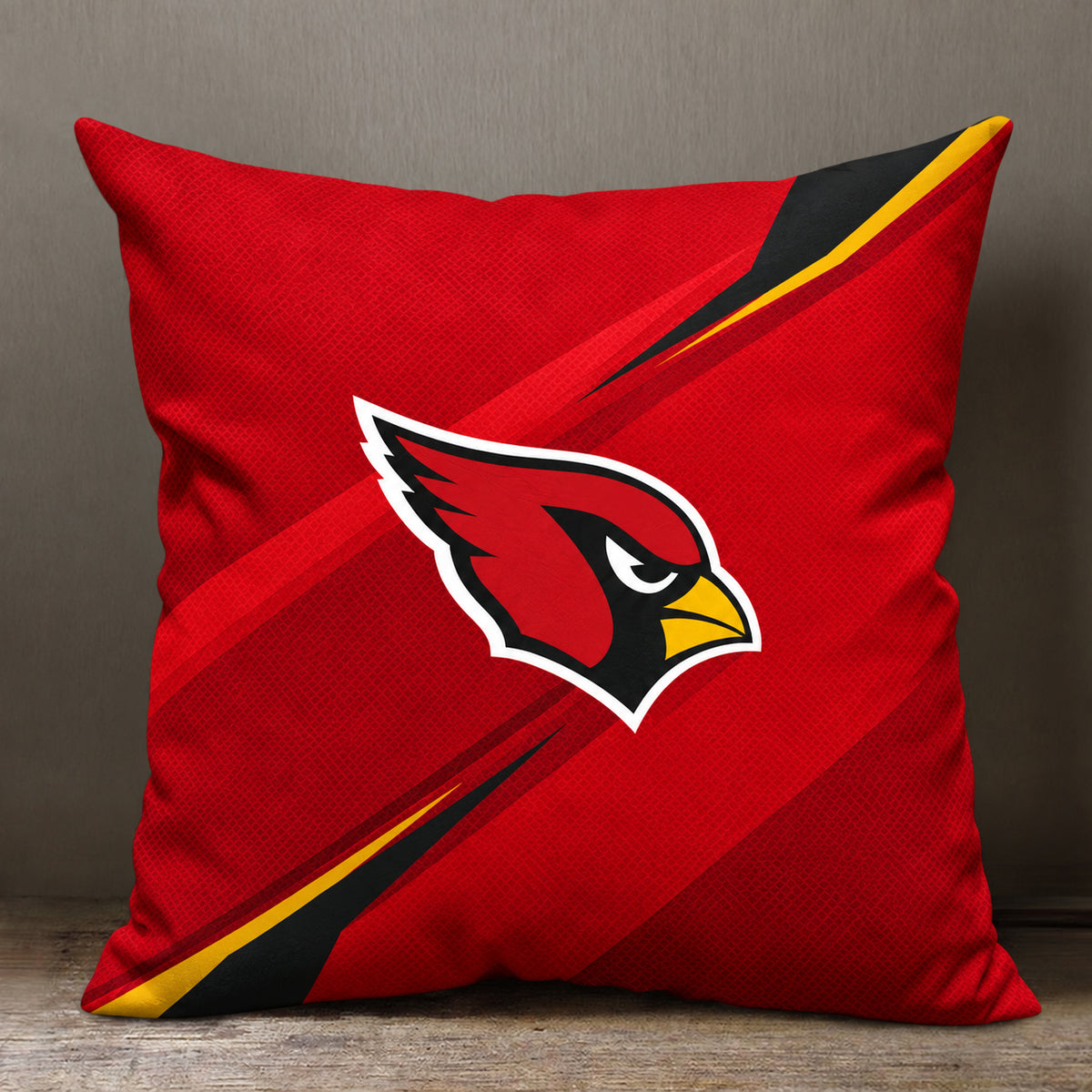 Arizona Cardinals red throw pillow with cardinal-head graphic and black and yellow accents
