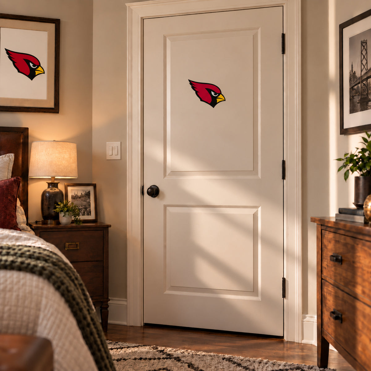 Arizona Cardinals decorative sticker on an interior door, corrected 29 cm proportion