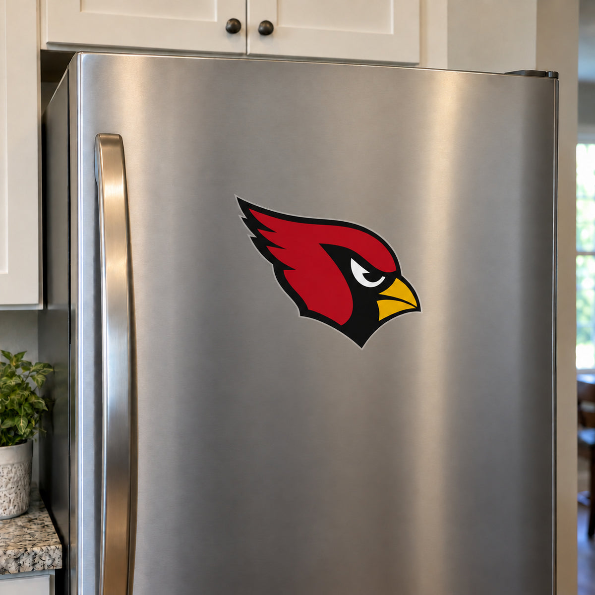 Arizona Cardinals decorative sticker displayed on a stainless-steel refrigerator