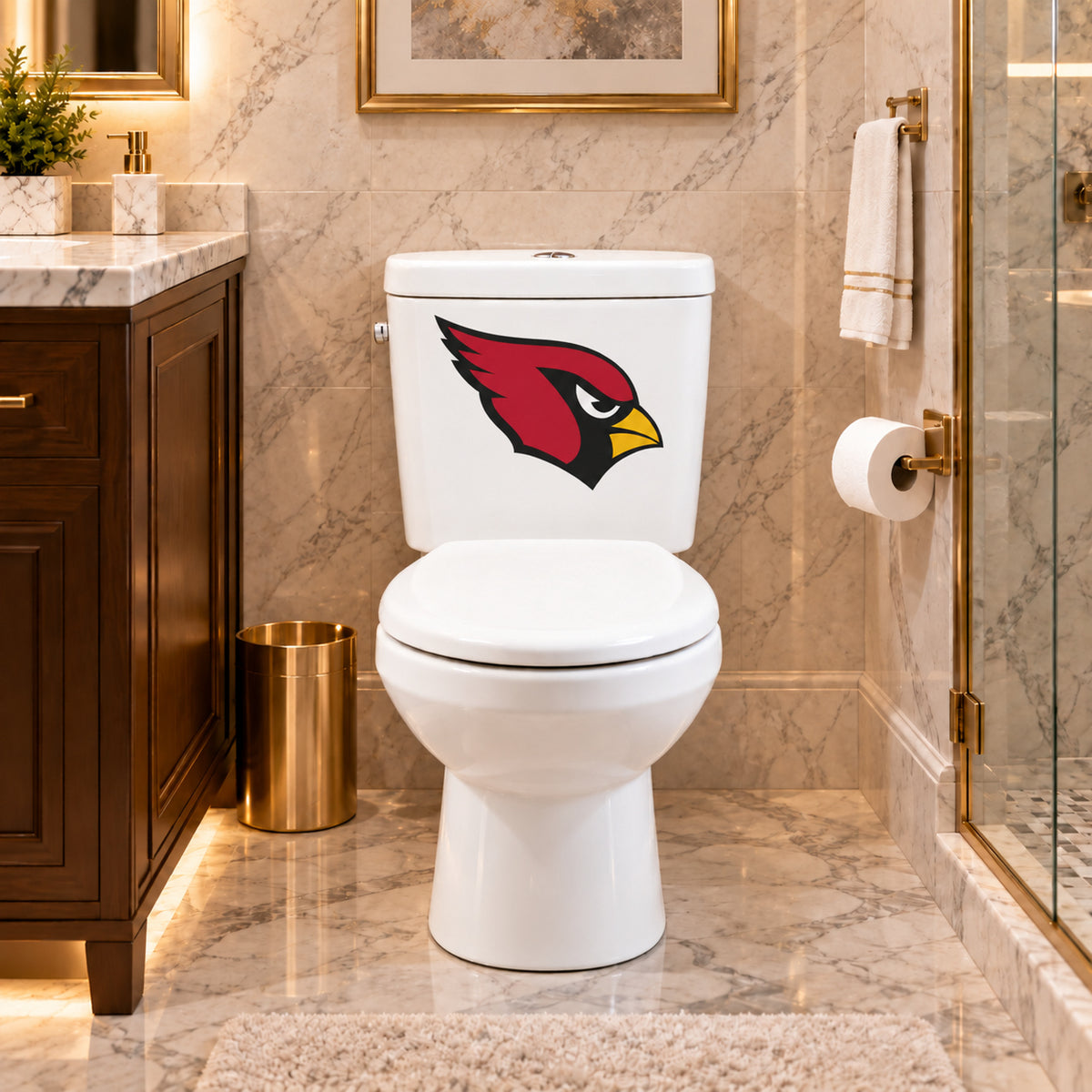 Arizona Cardinals decorative sticker on a white toilet tank in a marble bathroom