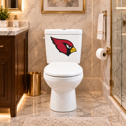 Arizona Cardinals decorative sticker on a white toilet tank in a marble bathroom