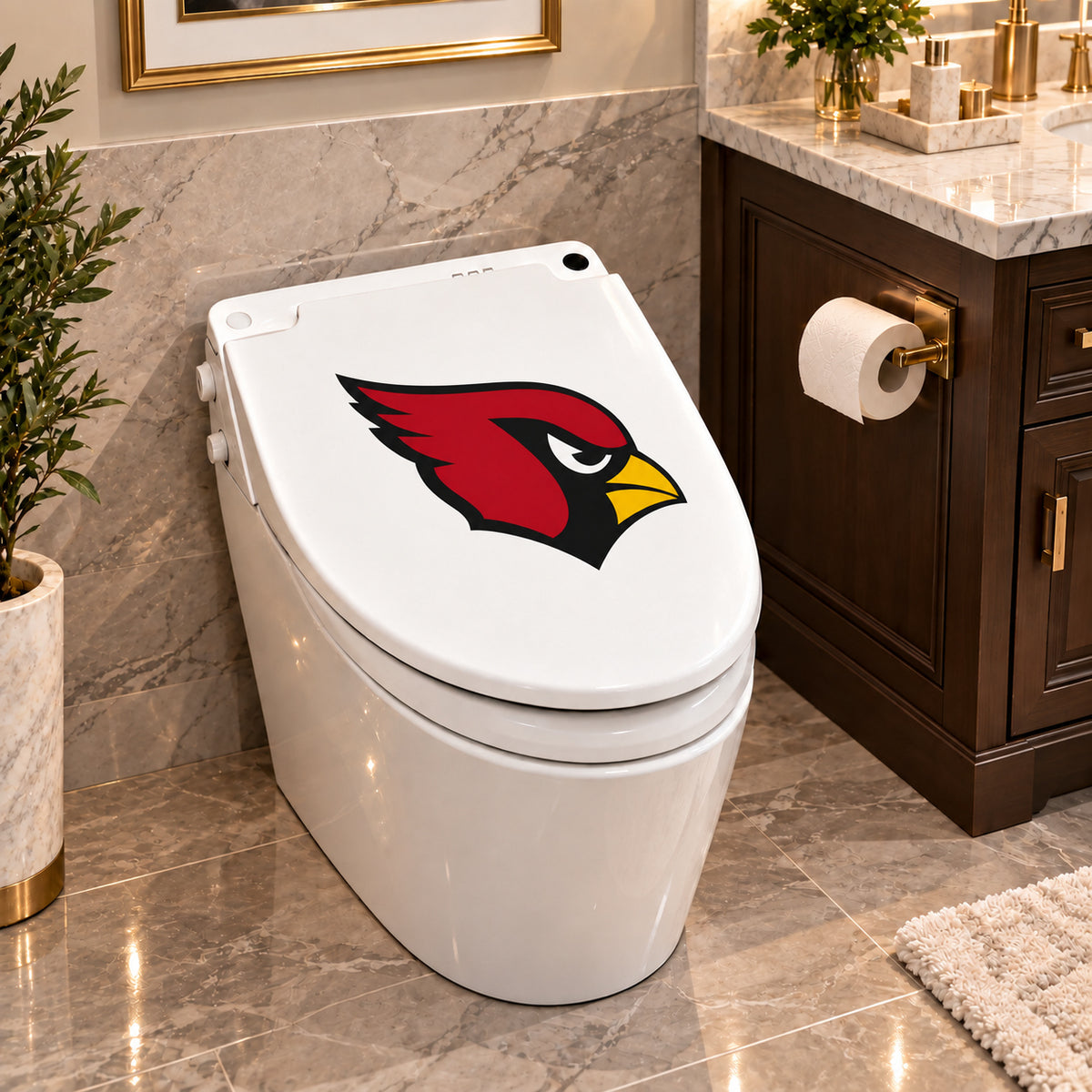 Arizona Cardinals decorative sticker on a closed white toilet lid in a marble bathroom