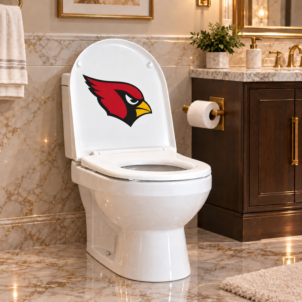 Arizona Cardinals decorative sticker on the inside of a white toilet lid in a marble bathroom