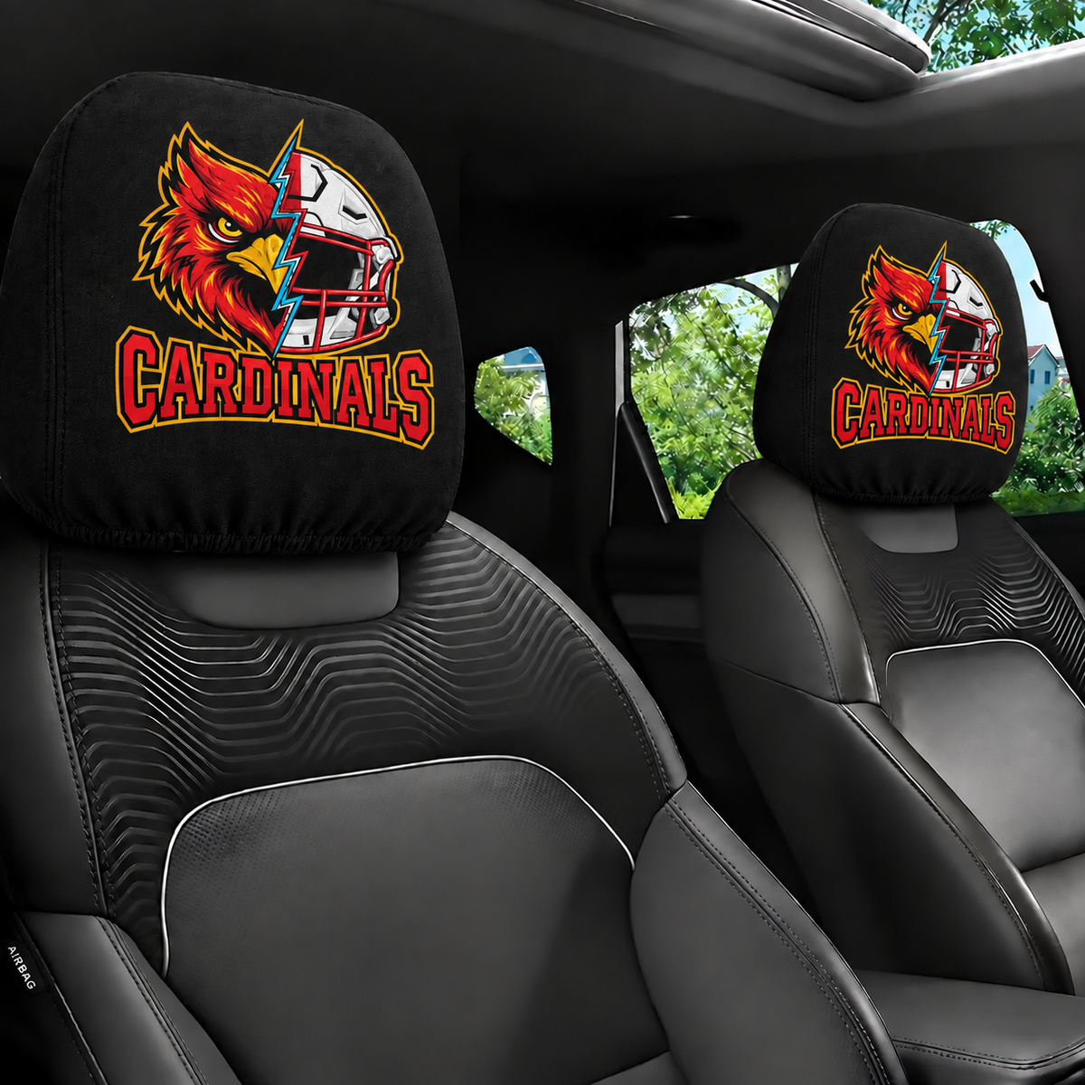 Arizona Cardinals car headrest covers, Style 2 mascot and helmet design, installed in car