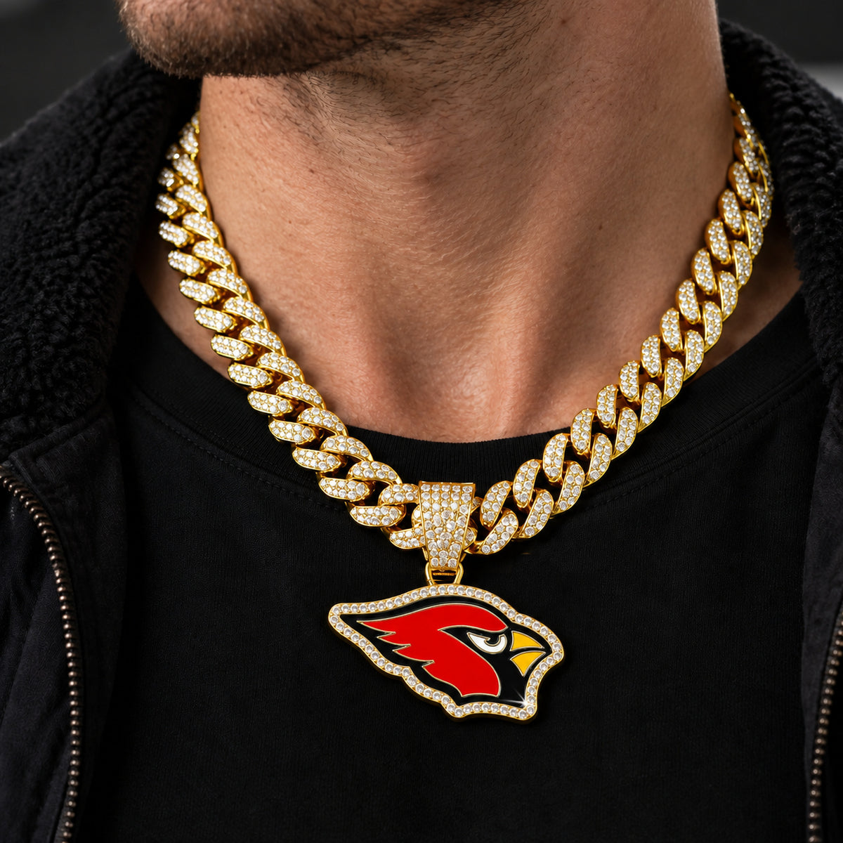 Arizona Cardinals gold-tone rhinestone Cuban-link necklace, worn view