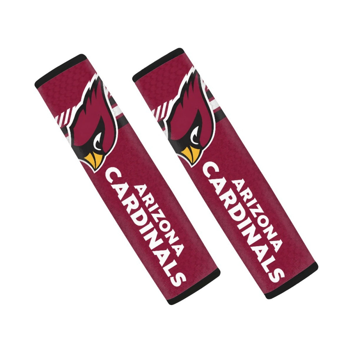 Pair of Arizona Cardinals seat belt and backpack shoulder strap covers on a white background