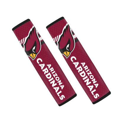 Pair of Arizona Cardinals seat belt and backpack shoulder strap covers on a white background
