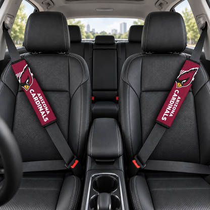 Arizona Cardinals car seat belt covers shown on two front seat belts