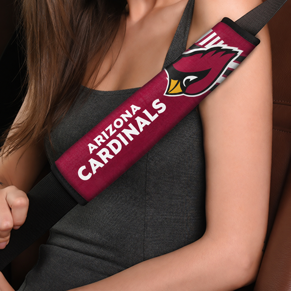 Close-up of Arizona Cardinals shoulder strap cover worn on a car seat belt