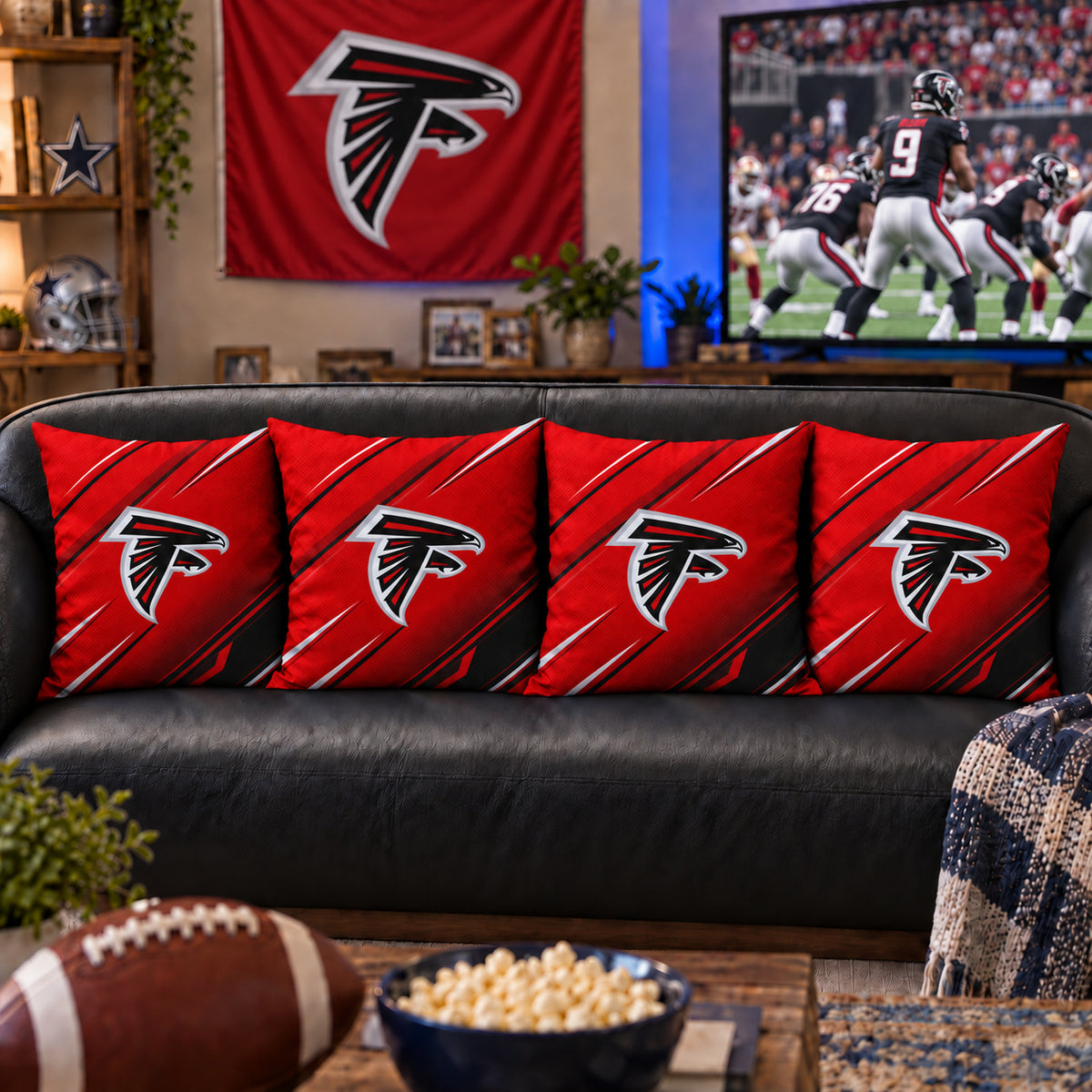 Matching Atlanta Falcons sofa cushion covers shown in a living-room styling example