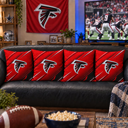 Matching Atlanta Falcons sofa cushion covers shown in a living-room styling example