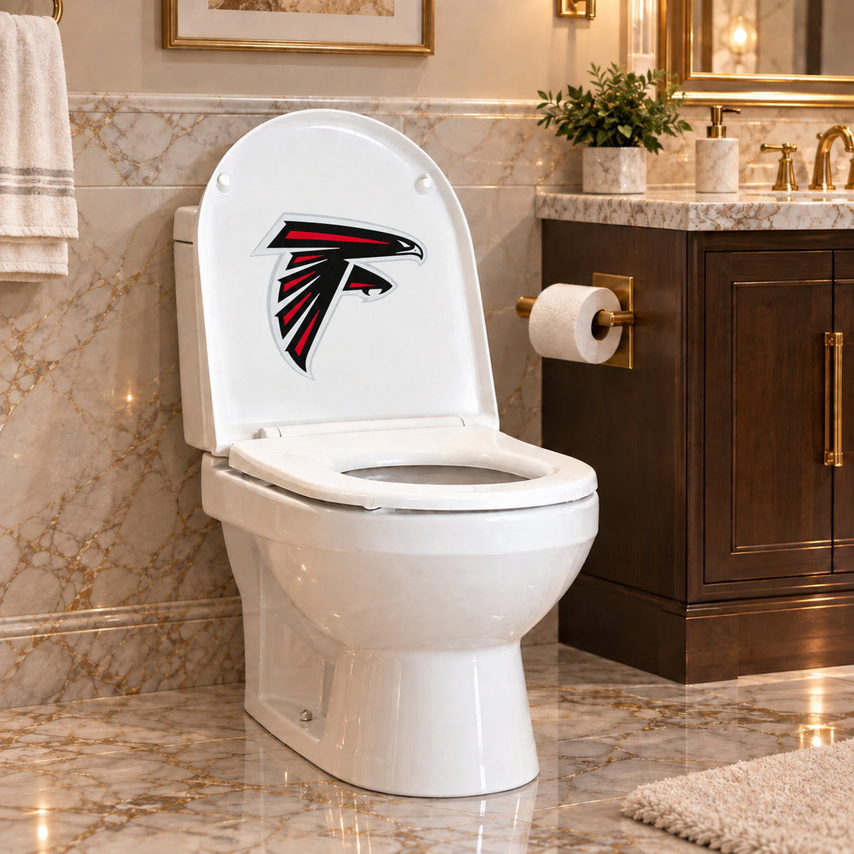 Atlanta Falcons decorative sticker on the inside of a white toilet lid in a marble bathroom