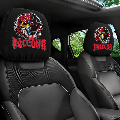 Atlanta Falcons car headrest cover, Style 2 illustrated mascot design, installed in car