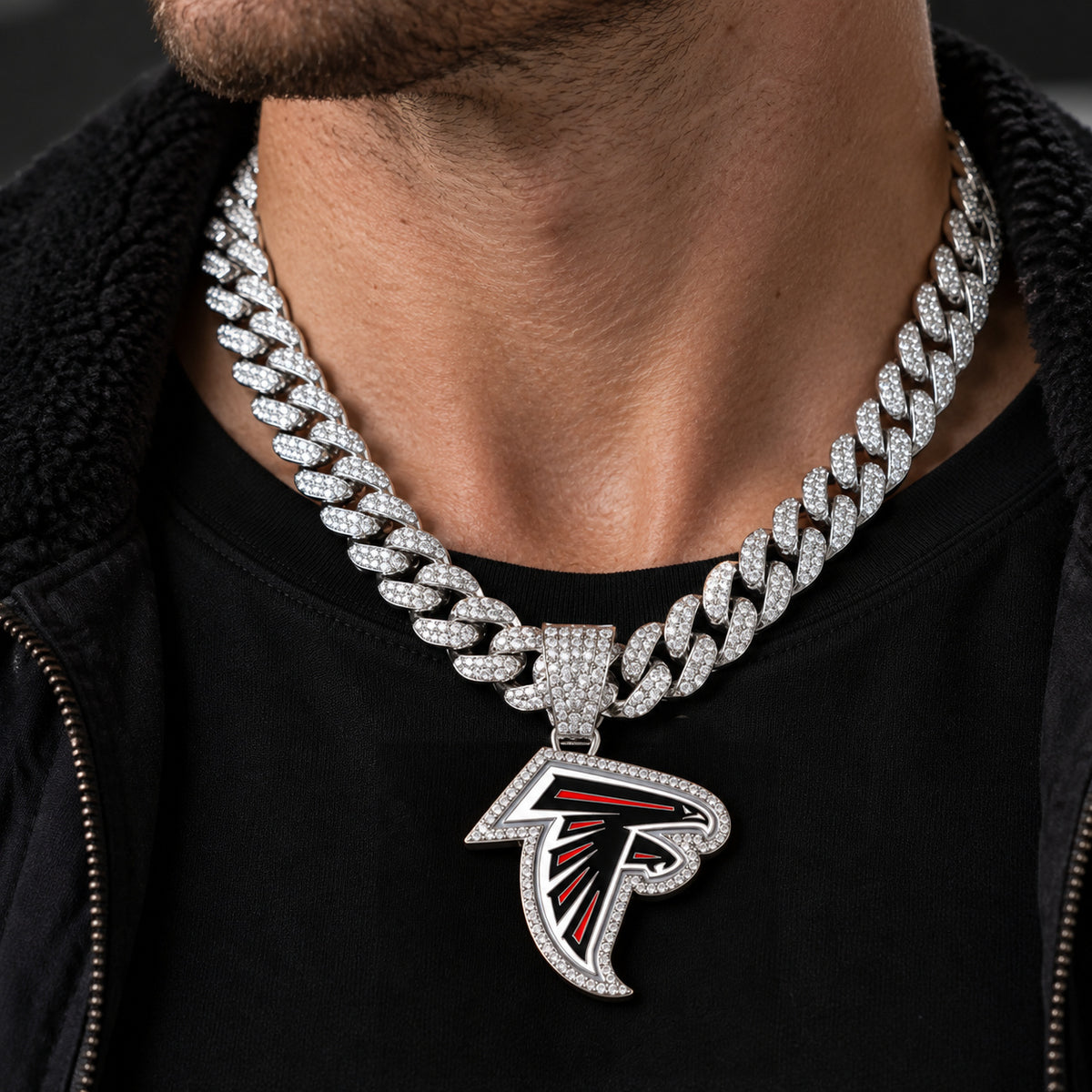 Atlanta Falcons silver-tone rhinestone Cuban-link necklace, worn view