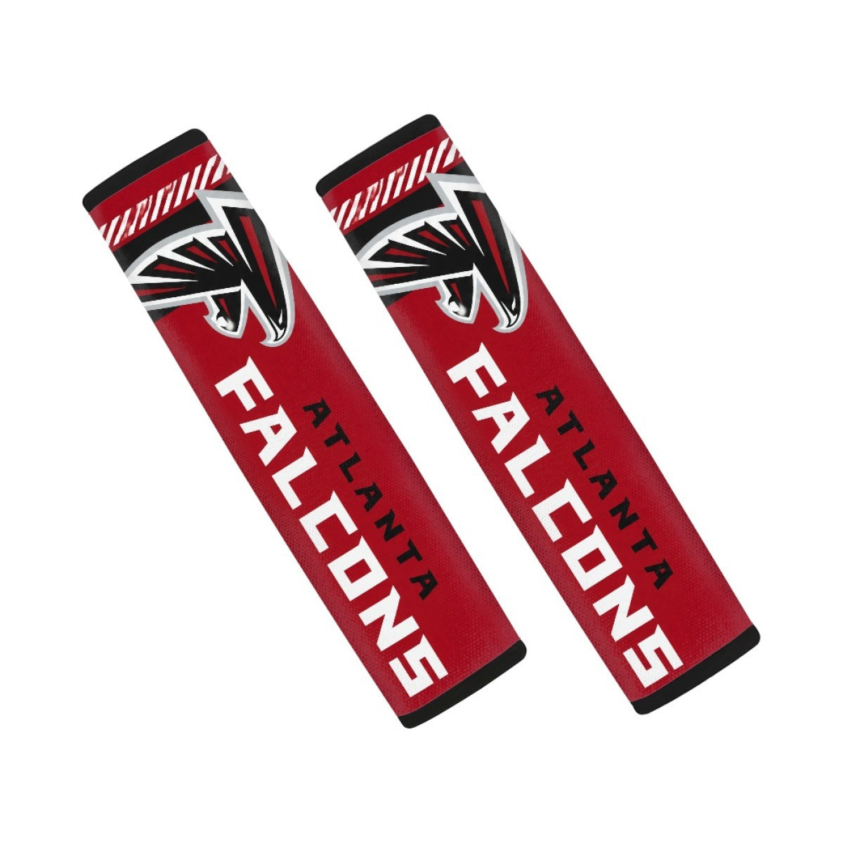 Pair of Atlanta Falcons seat belt and backpack shoulder strap covers on a white background