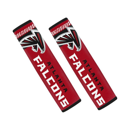 Pair of Atlanta Falcons seat belt and backpack shoulder strap covers on a white background