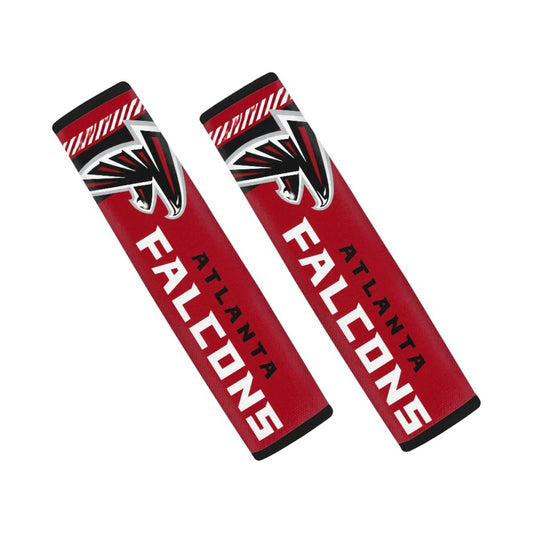Pair of Atlanta Falcons seat belt and backpack shoulder strap covers on a white background