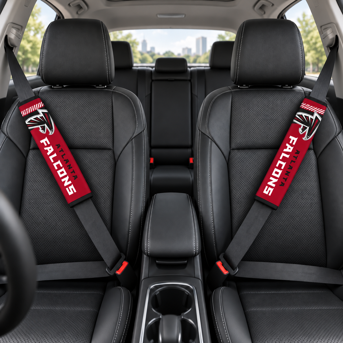Atlanta Falcons car seat belt covers shown on two front seat belts