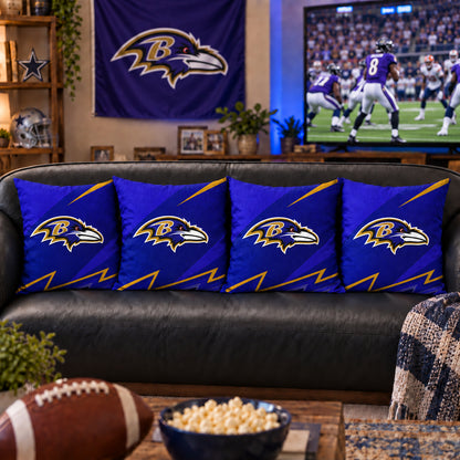 Matching Baltimore Ravens sofa cushion covers shown in a living-room styling example
