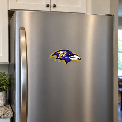 Baltimore Ravens decorative sticker displayed on a stainless-steel refrigerator