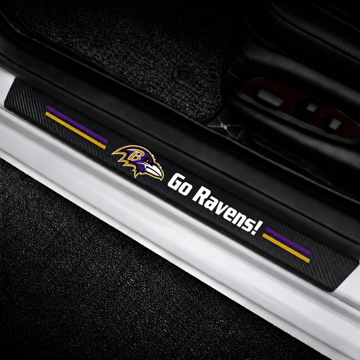 Baltimore Ravens car door sill protector strips — vehicle installation view
