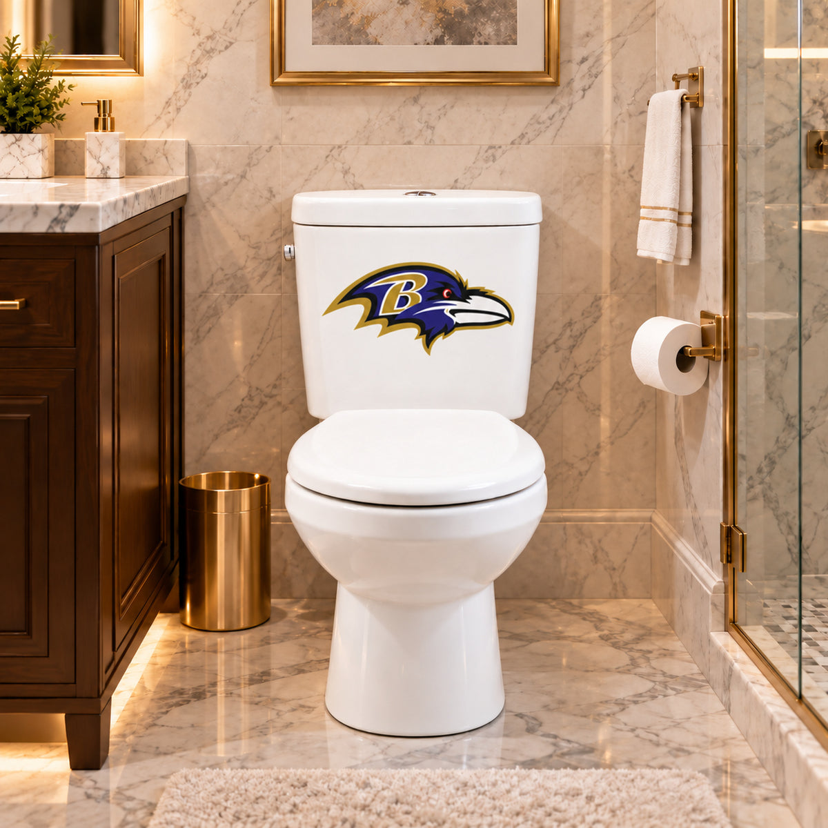Baltimore Ravens decorative sticker on a white toilet tank in a marble bathroom